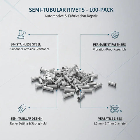 Rock Solid Semi Tubular Rivets 100 Pack 304 Stainless Steel Permanent Fasteners built tough for auto body repair, silver finish.