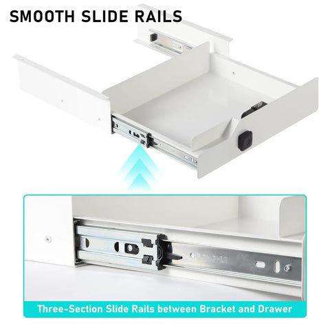 Sleek Under Desk Drawer With Biometric Fingerprint Lock Smooth Metal Slide Tray No Key Hassle Secret Stash For Laptops Paper Everyday Carry In Crisp White, focus on smooth slide rail mechanism.