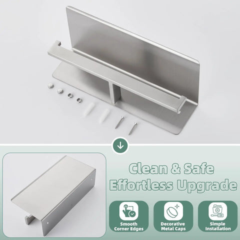 Double Toilet Paper Holder With Shelf In 304 Stainless Steel Brushed Nickel Finish, showing installation hardware and design features.