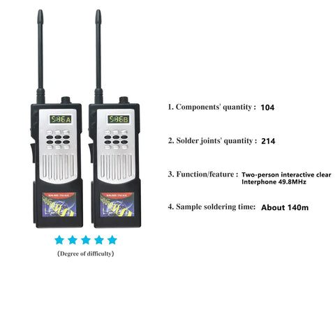 Two walkie talkies from the Walkie Talkie Soldering Practice Kit With Interactive Circuit Board And 104 Parts For Beginners Starter Friendly Hands On Electronics Projects Learn Soldering Skills Fast And Have Fun At Home, featuring component details.