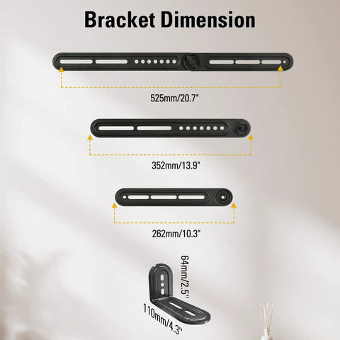 Bracket dimensions for Reliable Soundbar Wall Mount Bracket supports up to fifteen pounds for easy installation.