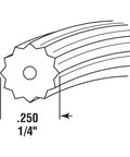 Diagram of 1/4-Inch Black Vinyl Spline Roll, 250 Ft Hollow Core, showing diameter and 32-point extruded spline for window screen installation.