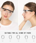 Woman wearing Anti Fog Safety Glasses With Clear Wraparound Lenses Scratch Resistant Eye Protection No Slip Grips Adjustable Temples Lab Goggles Style That Fits Over Most Specs