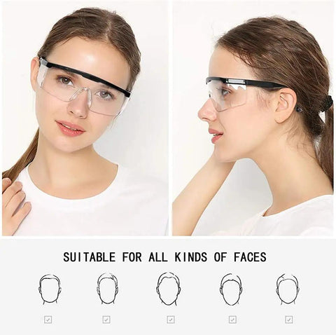 Woman wearing Anti Fog Safety Glasses With Clear Wraparound Lenses Scratch Resistant Eye Protection No Slip Grips Adjustable Temples Lab Goggles Style That Fits Over Most Specs