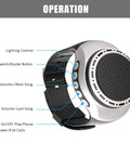 Waterproof Wearable Bluetooth Speaker Watch With FM Radio MP3 Player True Wireless Stereo TWS Selfie Mode showing controls.