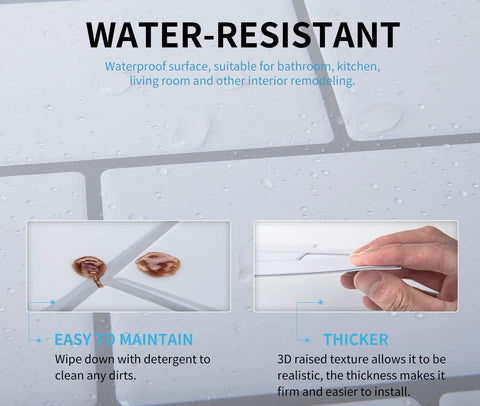 Peel And Stick Backsplash 14 By 12 Subway Tiles Faux Ceramic 10 Tiles Thick Version showing water resistance and thickness