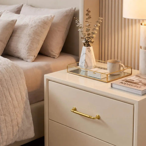 Stylish bedroom scene featuring 10-Pack Brushed Gold Cabinet Pulls 5-Inch Drawer Handles For Kitchen Digs on a nightstand.