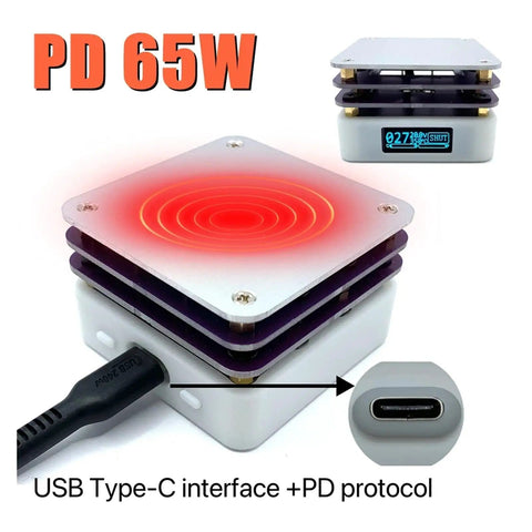 65W Mini Hot Plate Soldering Station for SMD Rework and Desoldering with glowing heating surface and USB-C connector