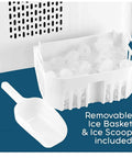 Removable ice basket and scoop for No Sweat Countertop Bullet Ice Cube Maker With 1.1 Liter Tank Drops Fresh Ice In Just 8 Minutes.