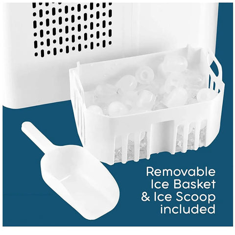 Removable ice basket and scoop for No Sweat Countertop Bullet Ice Cube Maker With 1.1 Liter Tank Drops Fresh Ice In Just 8 Minutes.