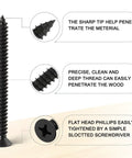 440 Piece Black Carbon Steel Self Tapping Wood Screws Assortment Kit Featuring Flat Head Phillips Drive and Rust Resistant Fasteners with sharp tip and threads.
