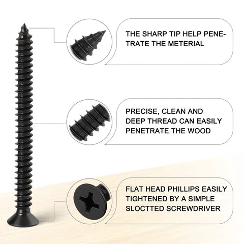 440 Piece Black Carbon Steel Self Tapping Wood Screws Assortment Kit Featuring Flat Head Phillips Drive and Rust Resistant Fasteners with sharp tip and threads.