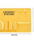 Lockout Tagout Station For Industrial Safety Deformation Proof Fifteen Point Two By Eleven Point Four Inches Tough As Nails PC Build Bright Safety Yellow Visibility Rugged Wall Mount Organizer For OSHA Compliance, front view