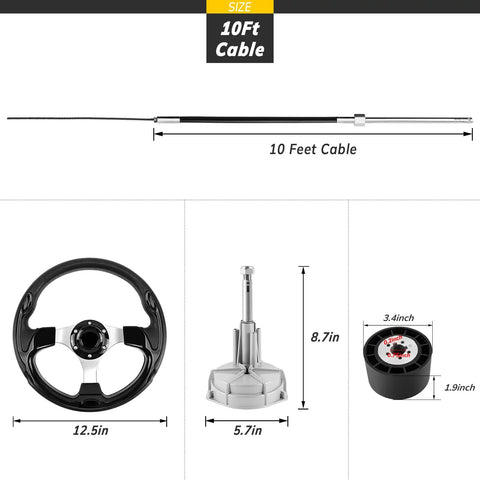 Outboard Steering Kit With A 10ft Steering Cable And Three Quarters Inch Standard Tapered Shaft, Boat Steering Control Cable For Yachts, Fishing Boats And Other Watercraft, Includes Steering Wheel And Durable Alloy Rudder Cable System