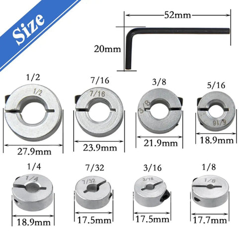 Drill Bit Depth Stop Collar Pro Grade Kit with sizes 1/2 to 1/8 inch and 3mm Allen wrench, carbon steel, precise drilling guides