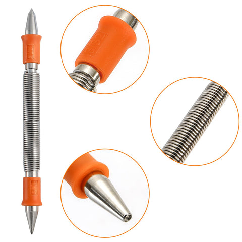 Close-up of 4 Piece Dual Head Nail Setter And Center Punch Kit showing engraved metal shaft and orange handles