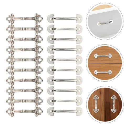 Set of Mini Antique Silver Cabinet Pulls for drawers and jewelry boxes, shown on wood and white surfaces, 20-piece set, 47x14.6x1.6mm