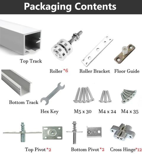 Bulletproof Heavy Duty Folding Sliding Door Hardware Kit includes top track, rollers, brackets, and various essential components.