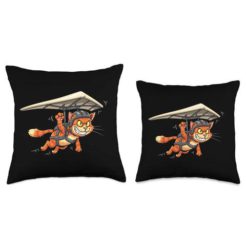 Airborne Cat Hang Glider Throw Pillow with playful flying feline and double-sided multicolor print on polyester