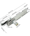 DC 24V Beefy Reciprocating Cycle Linear Motor with Telescopic Actuator, showing dimensions and components.