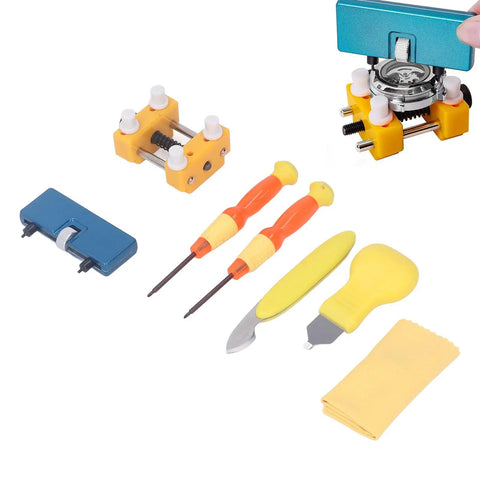 Watch Back Removal Repair Kit with Case Opener, Adjustable Holder and 4 Plastic Pins, Aluminum Alloy, Pro Grade Tool
