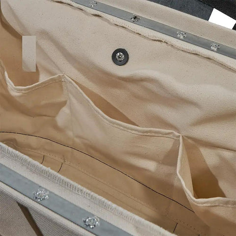 Interior view of Canvas Tool Bag With Leather Bottom And Wide Opening For Easy Access, 18 Inch, 11 Pockets, No 8 Natural Canvas