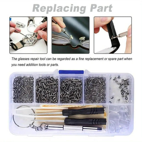 Glasses Repair Kit 500 Pieces With Assorted Screws, Nose Pads, Mini Screwdrivers, Tweezers, Cleaning Cloth And Case for repairs