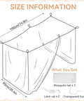 Diagram showing "One Side Opening Bed Mosquito Net Canopy, White Mesh Netting For Bedroom, Camping And Outdoor Travel, Lightweight And Breathable Bed Canopy Fits 75 By 35 By 63 Inches, Blocks Tiny Insects While Maximizing Airflow" dimensions and included accessories.