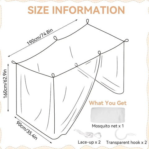 Diagram showing "One Side Opening Bed Mosquito Net Canopy, White Mesh Netting For Bedroom, Camping And Outdoor Travel, Lightweight And Breathable Bed Canopy Fits 75 By 35 By 63 Inches, Blocks Tiny Insects While Maximizing Airflow" dimensions and included accessories.