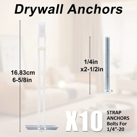Ten Pack Heavy Duty Drywall Anchor Bolts With 1/4-20 Thread For Solid Mounts, rust resistant hollow wall anchor, 1/4in x 2-1/2in bolt
