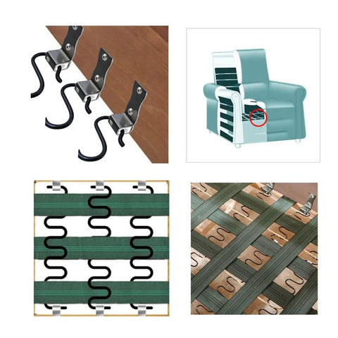 Solid Heavy Duty Stainless Steel Sofa Spring Clips And Couch Repair Kit 12 Piece Pack showing installation details and components.