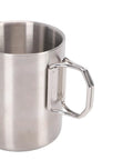 Close-up of a stainless steel cup with handle from Portable Stainless Steel Camping Mess Kit With Double Layer Cup And Thickened Bowl And Plate