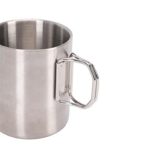 Close-up of a stainless steel cup with handle from Portable Stainless Steel Camping Mess Kit With Double Layer Cup And Thickened Bowl And Plate