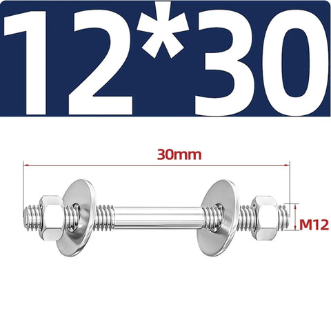 M12 Stainless Steel Double Ended Studs Threaded Rod Kit, 30mm size, with nuts and washers, for through-wall construction and furniture projects.