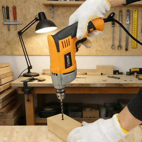 Person using a Corded 720 Watt Drill With Three Eighths Inch Chuck Variable Speed From Zero To Three Thousand Six Hundred RPM Multi Material Drilling For Concrete Metal And Wood With Speed Switch Beast Power For DIY And Pros, drilling into wood