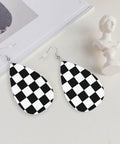 Black And White Checkerboard Teardrop Leather Earrings For Women, faux leather with silver plated hooks, stylish drop design.