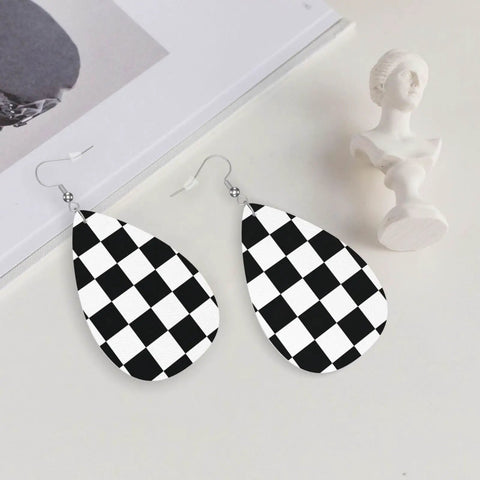 Black And White Checkerboard Teardrop Leather Earrings For Women, faux leather with silver plated hooks, stylish drop design.