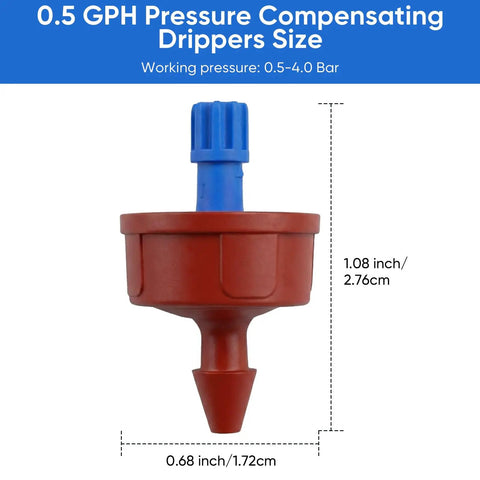 Self Cleaning 0.5 GPH Drip Emitter For Garden Irrigation With Pressure Compensation No Fuss Easy 1/4 Inch Tubing Fit