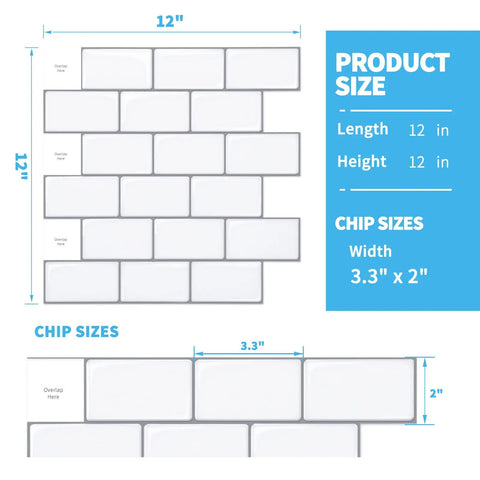Premium Peel And Stick Tile Backsplash Kit, 12 By 12 Inch Tiles, 10 Pack For Kitchen Walls, Bright White Finish, size chart
