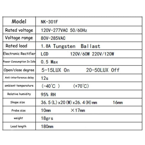 Technical specifications for Dusk To Dawn Photoelectric Sensor Switch For Outdoor Lighting, Flush Mount Photocell 120-277V, 2 Pack