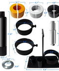 Bestool carrier and pinion bearing puller kit with clamps, base plate, shaft, and spacers in black and silver