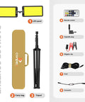 Package contents of 12V Dual Head LED Camping Light With Stand, 11200 Lumens Portable Work Light With Remote; includes LED panels, carry bag, tripod, remote, and accessories.