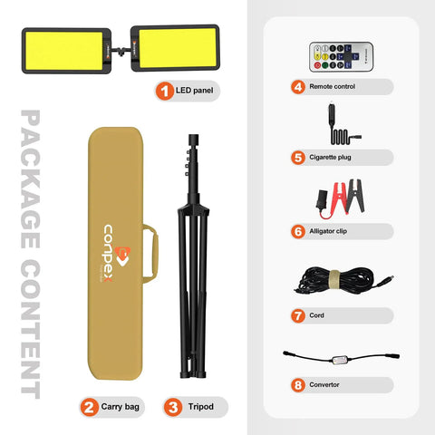 Package contents of 12V Dual Head LED Camping Light With Stand, 11200 Lumens Portable Work Light With Remote; includes LED panels, carry bag, tripod, remote, and accessories.