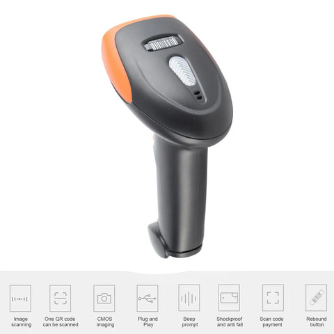 Fast Decode Barcode Scanner With Rebound Button Handheld QR Reader No Fuss, shown with orange accents and wireless Bluetooth setup.