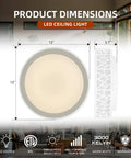 Dimensions and design view of Two Pack 12 Inch Flush Mount Ceiling Lights 15W 1100 Lumens Dimmable 3000K Warm White ETL Listed.