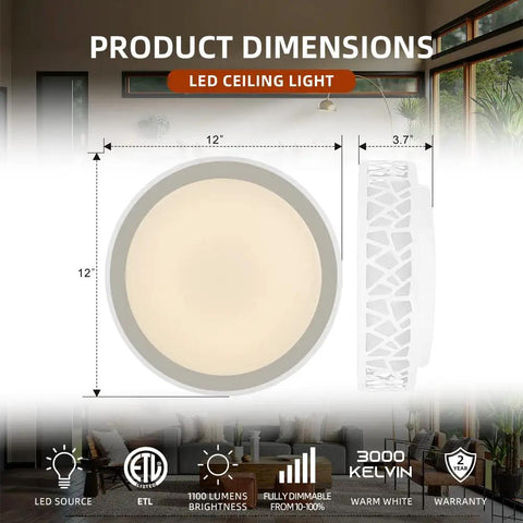 Dimensions and design view of Two Pack 12 Inch Flush Mount Ceiling Lights 15W 1100 Lumens Dimmable 3000K Warm White ETL Listed.