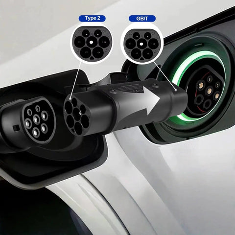 Heavy Duty EV Charger Adapter Type Two To GBT Connector For Chinese Electric Vehicles showing Type 2 and GB/T plugs.