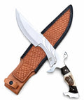 Stag Handle Fixed Blade Knife For Camping And Hunting, Handmade Bowie Style With Mirror Polish Stainless Steel Blade, brown leather sheath