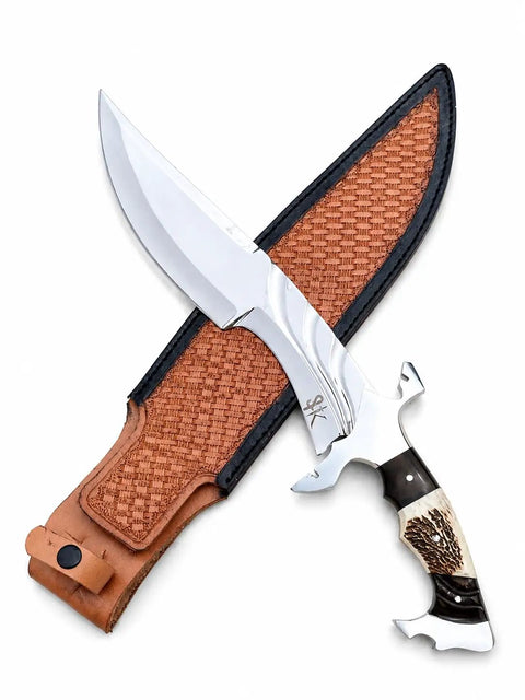 Stag Handle Fixed Blade Knife For Camping And Hunting, Handmade Bowie Style With Mirror Polish Stainless Steel Blade, brown leather sheath