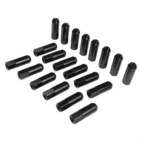 Sleek Black Aluminum Wheel Lug Nuts M12x1.5 Forged Bolt Kit 60 Degree Seat Perfect To Lighten Ride And Spice Up Your Cars Trucks SUVs For Better Handling And Cool Style Vibes Every Day. black aluminum lug nuts, angled view of 20-piece set